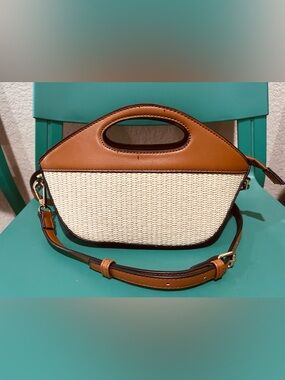 Woven Straw and Tan Vegan Leather Top-Handle Bag